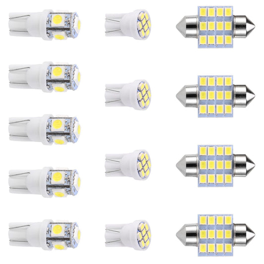 LED car light bulb assortment featuring different sizes and styles, including T10 and festoon types, designed for enhanced brightness and energy efficiency.