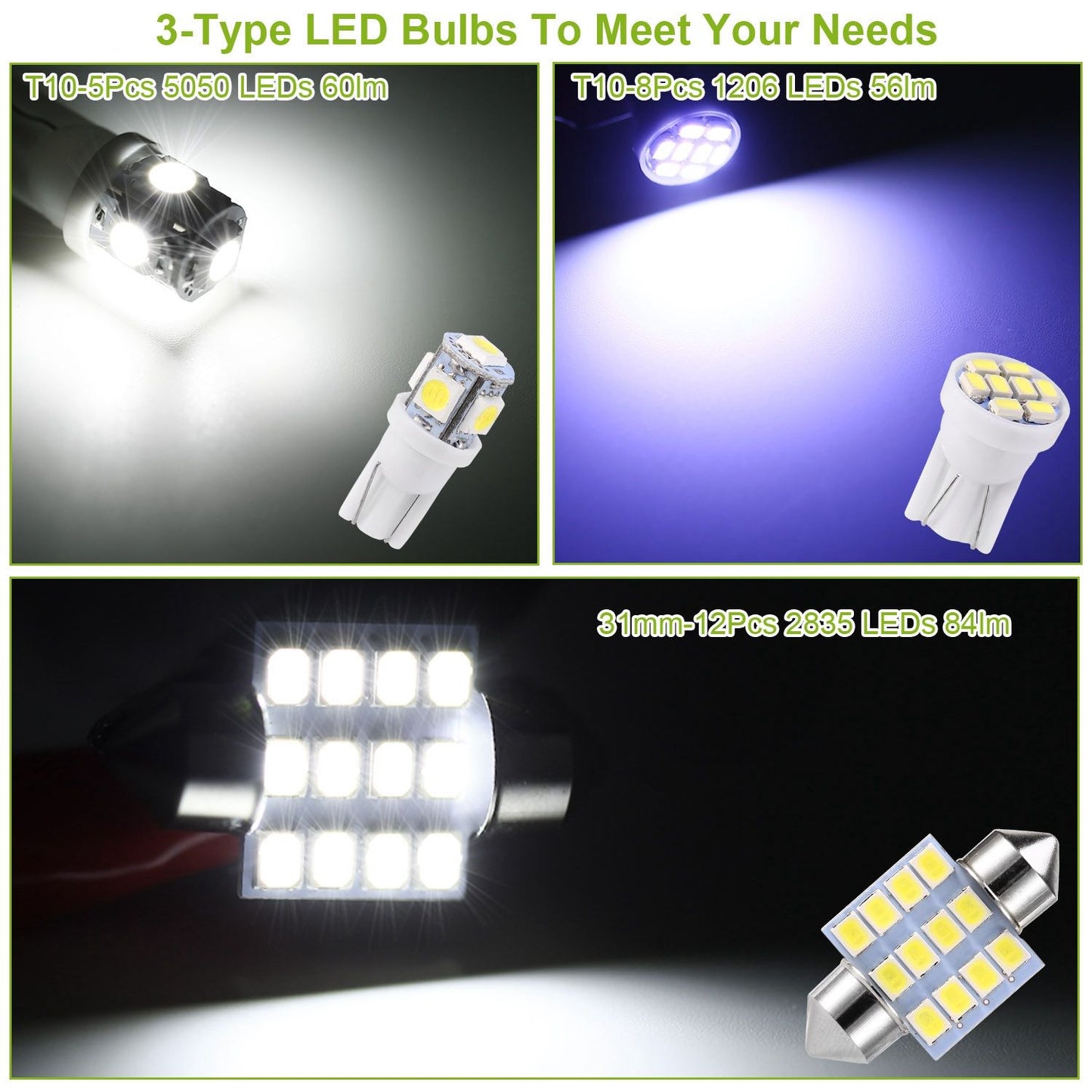Image showing three types of LED bulbs: T10-5 pieces 5050 LEDs (60 lumens), T10-8 pieces 1206 LEDs (56 lumens), and a 31mm 12 pieces 2835 LEDs (84 lumens), ideal for various lighting needs.