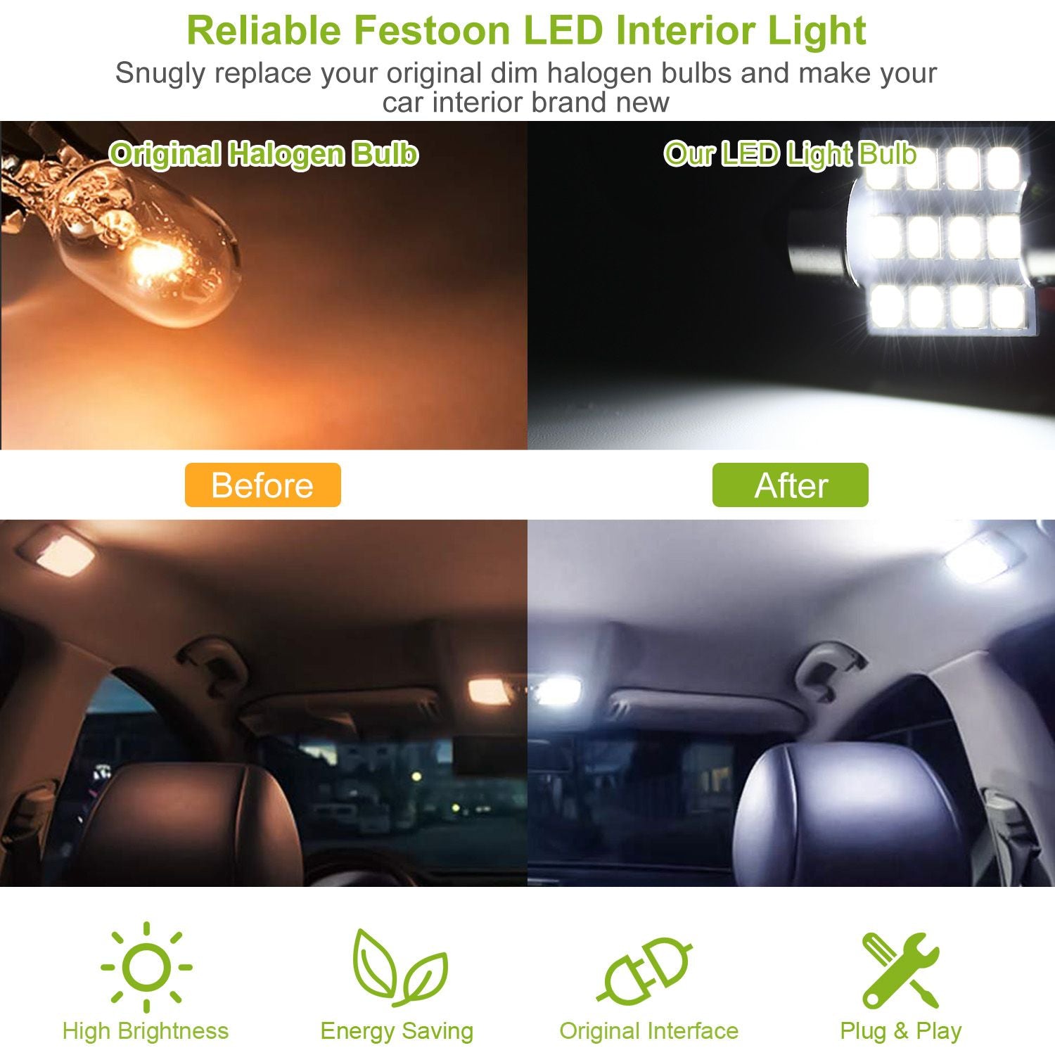 Image comparison of a car interior before and after replacing dim halogen bulbs with bright, energy-saving Festoon LED lights, showcasing high brightness and plug-and-play installation.
