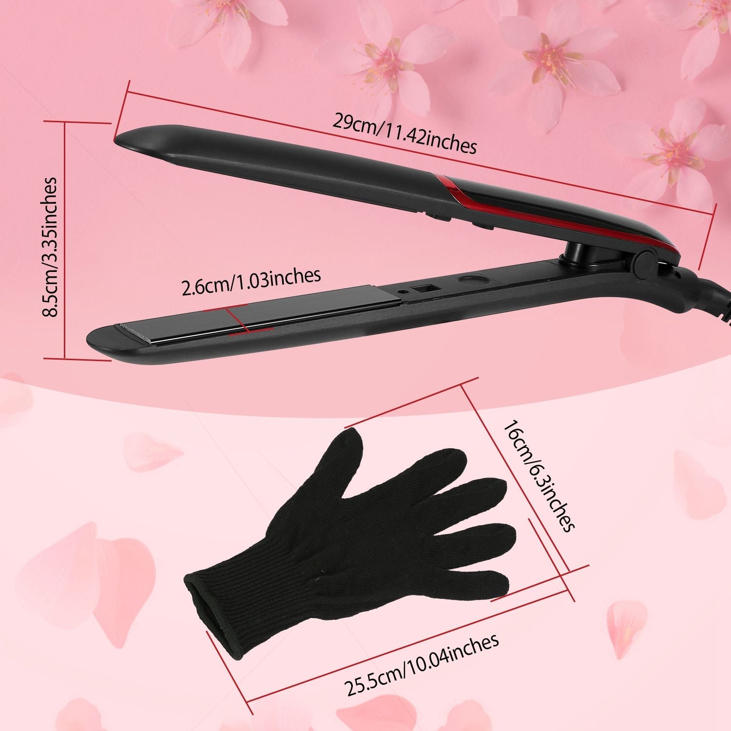 Black hair straightener with red accents and heat-resistant glove, featuring dimensions over a pink floral background.