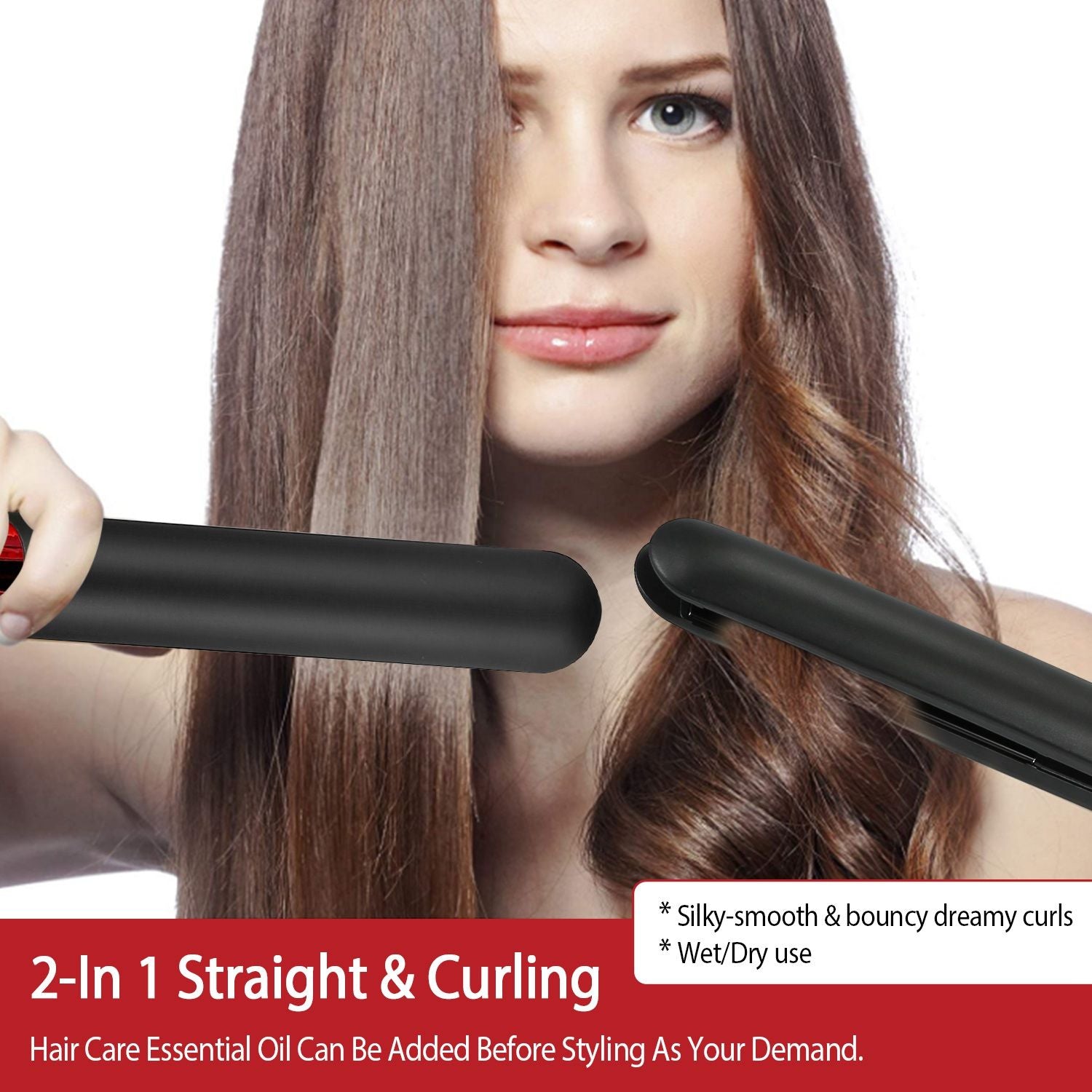 2-in-1 hair straightener and curler showcasing sleek design, being used to create silky-smooth hairstyles and bouncy curls, suitable for wet or dry hair with added essential oils for hair care.