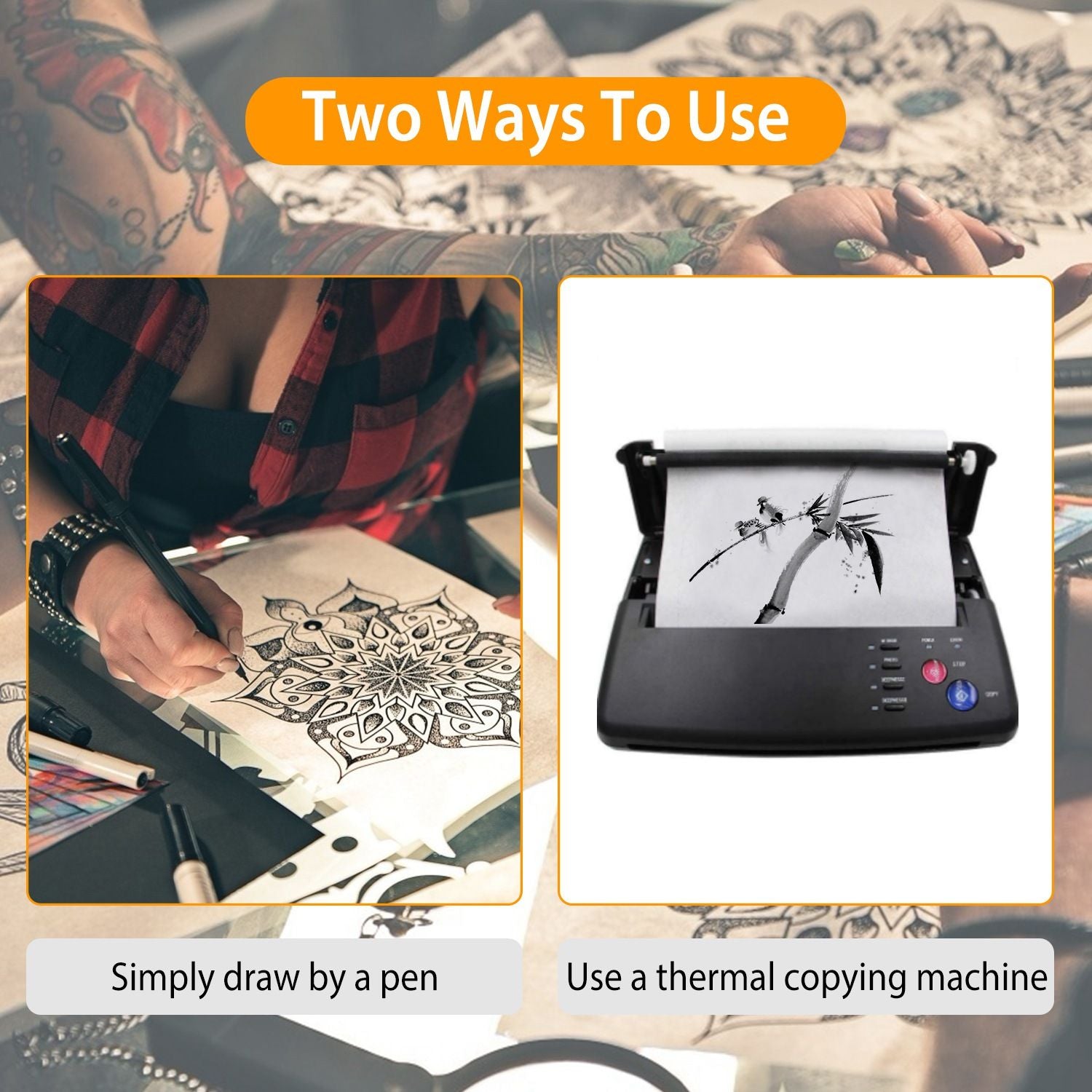 Illustration showing two methods for creating designs: a person drawing intricate patterns with a pen on paper and a thermal copying machine printing an artistic image.