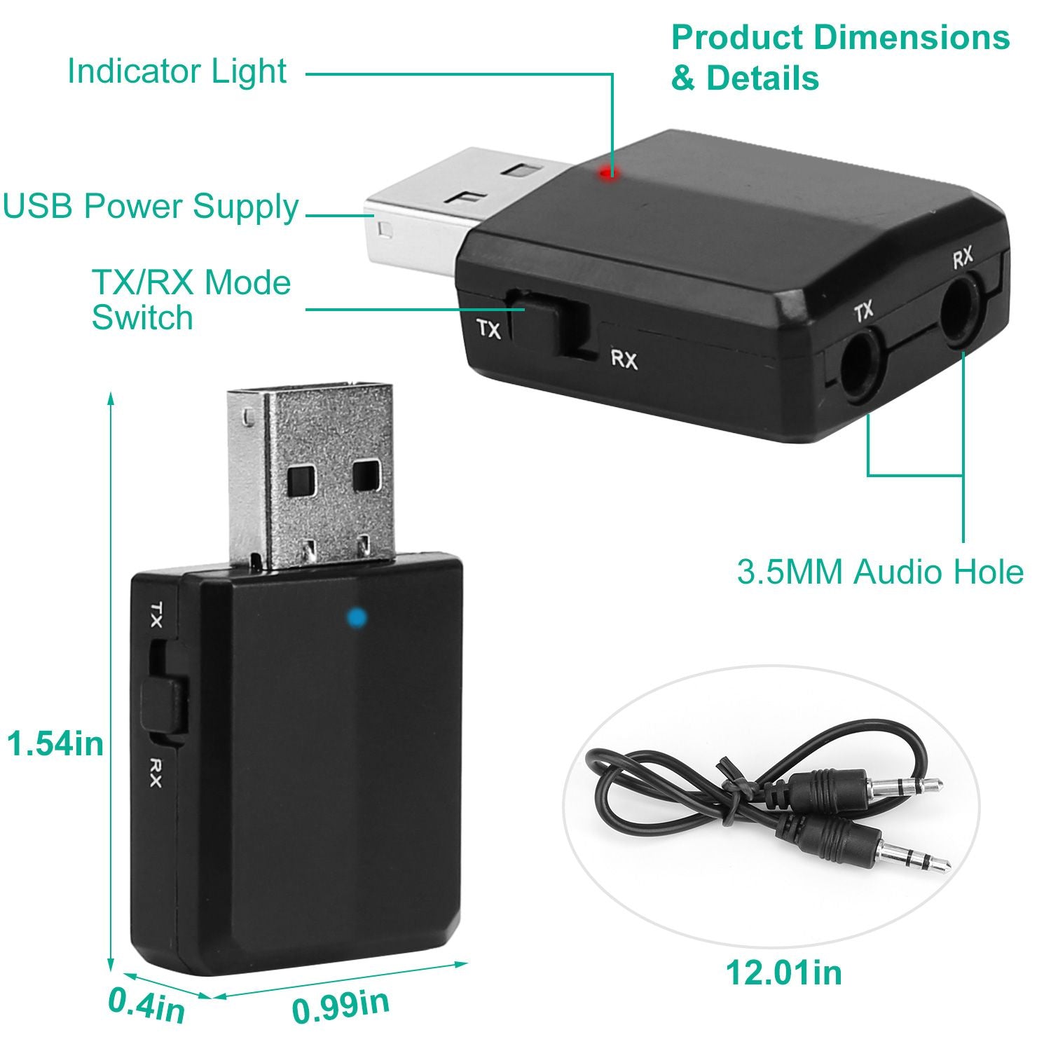 USB Bluetooth audio transmitter and receiver with 3.5mm audio jack, TX/RX mode switch, and indicator light, dimensions 1.54in x 0.99in x 0.4in.