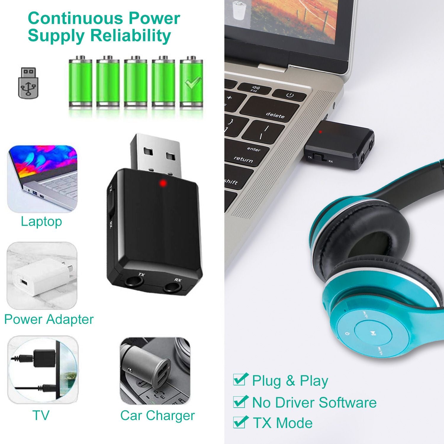 USB Bluetooth transmitter with continuous power supply, connected to a laptop, alongside visuals of compatible devices like a power adapter, TV, and car charger, promoting plug-and-play functionality.