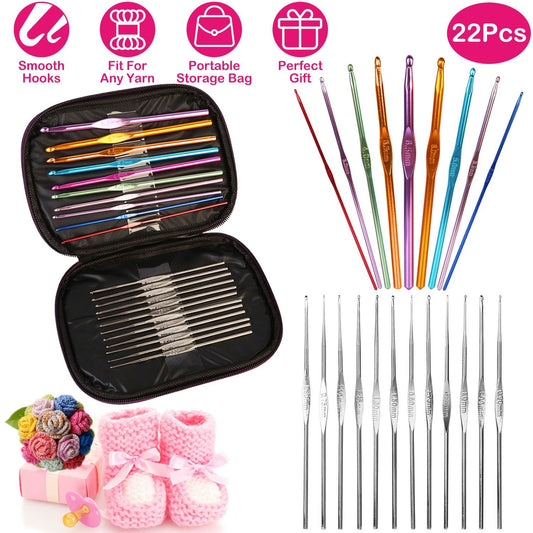 22-piece crochet hook set in colorful aluminum and stainless steel, featuring a portable storage bag and smooth hooks, ideal for all yarn types and perfect as a gift; includes decorative baby booties and a flower arrangement.
