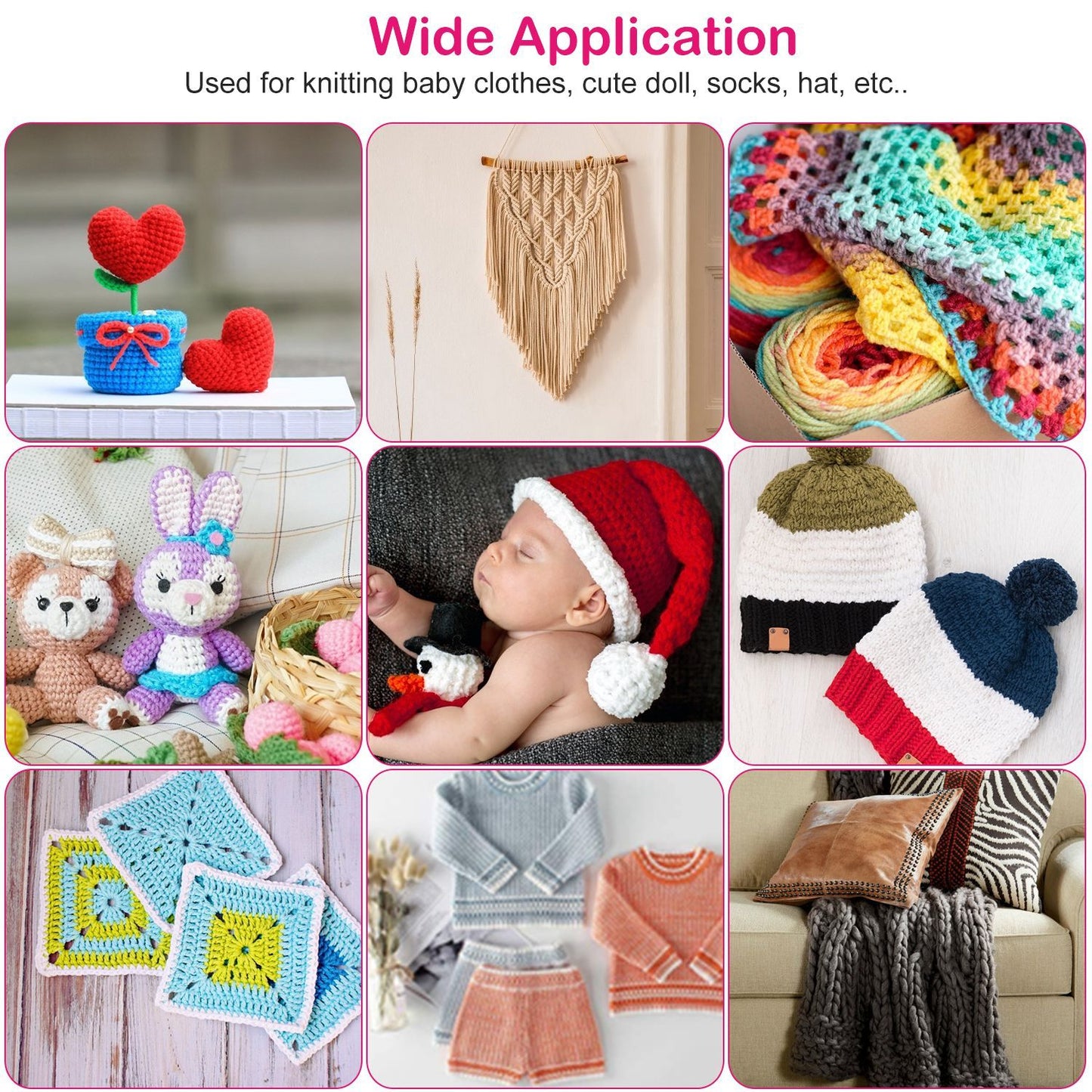 Colorful crochet items including heart-shaped decorations, macramé wall art, stuffed animals, baby hats, and knitted clothing showcasing a variety of textures and patterns, emphasizing their versatility for crafting projects.