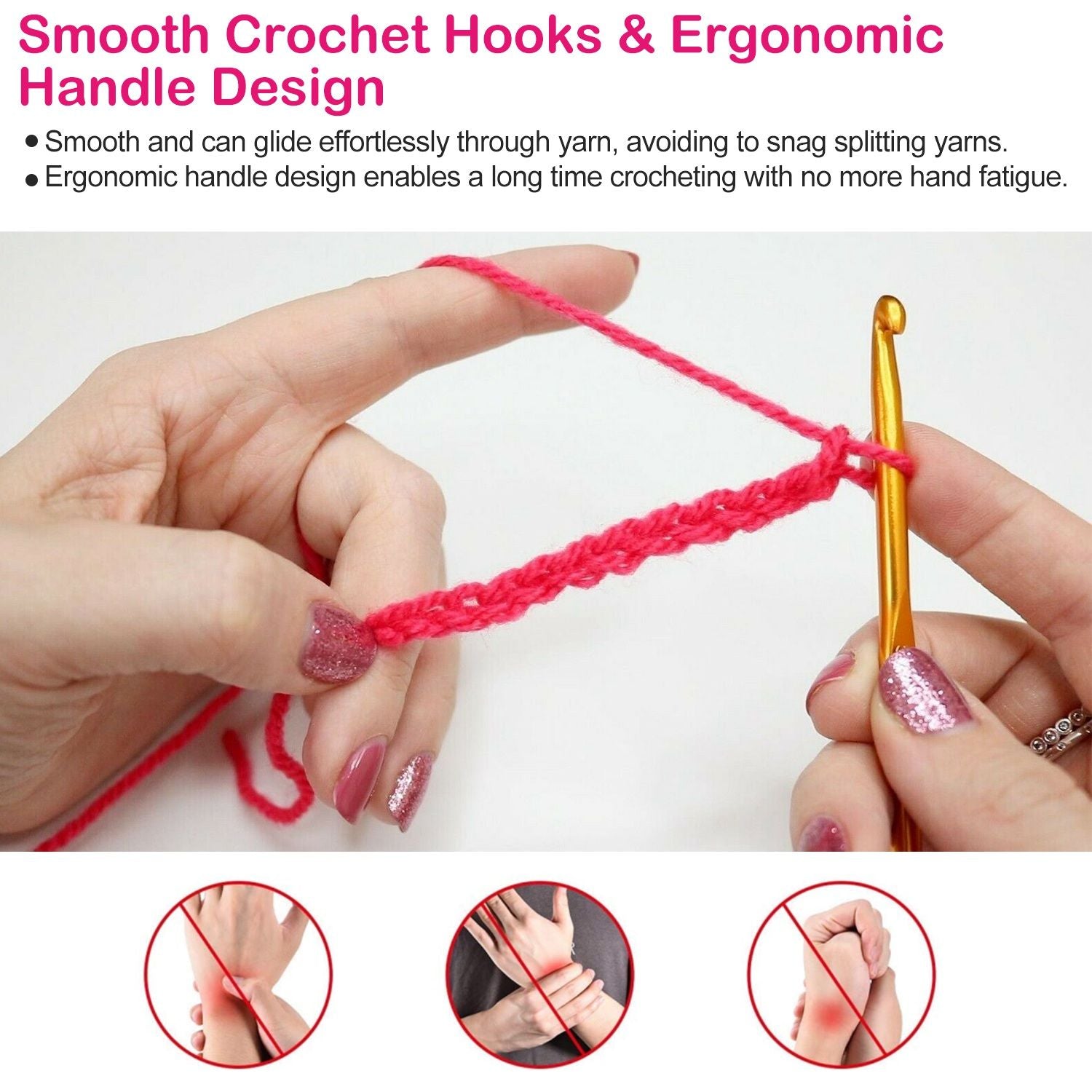 Close-up of hands using smooth gold crochet hook with pink yarn, showcasing ergonomic design for comfortable crocheting, ideal for reducing hand fatigue.