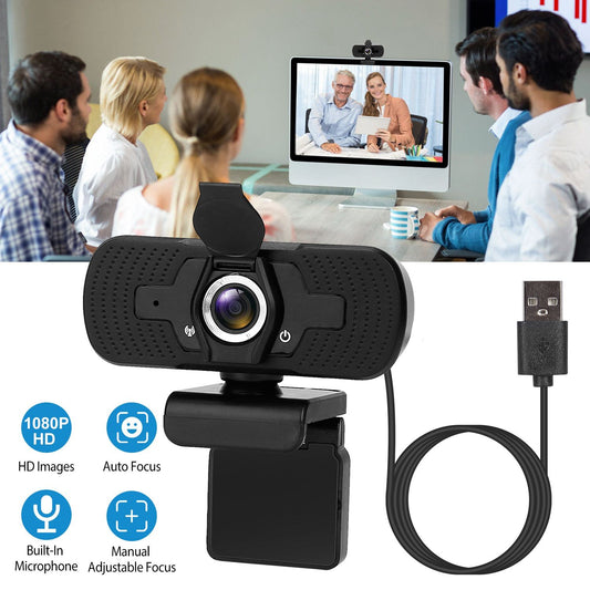 HD webcam with built-in microphone and manual adjustable focus, perfect for online meetings and video calls, showcasing 1080P images and auto-focus features, displayed on a desk next to a group of people engaging in a video conferencing session.