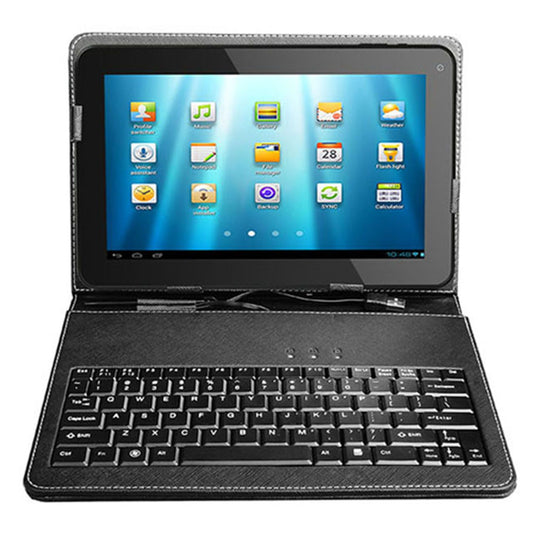 Black tablet with detachable keyboard and colorful app icons displayed on the screen.