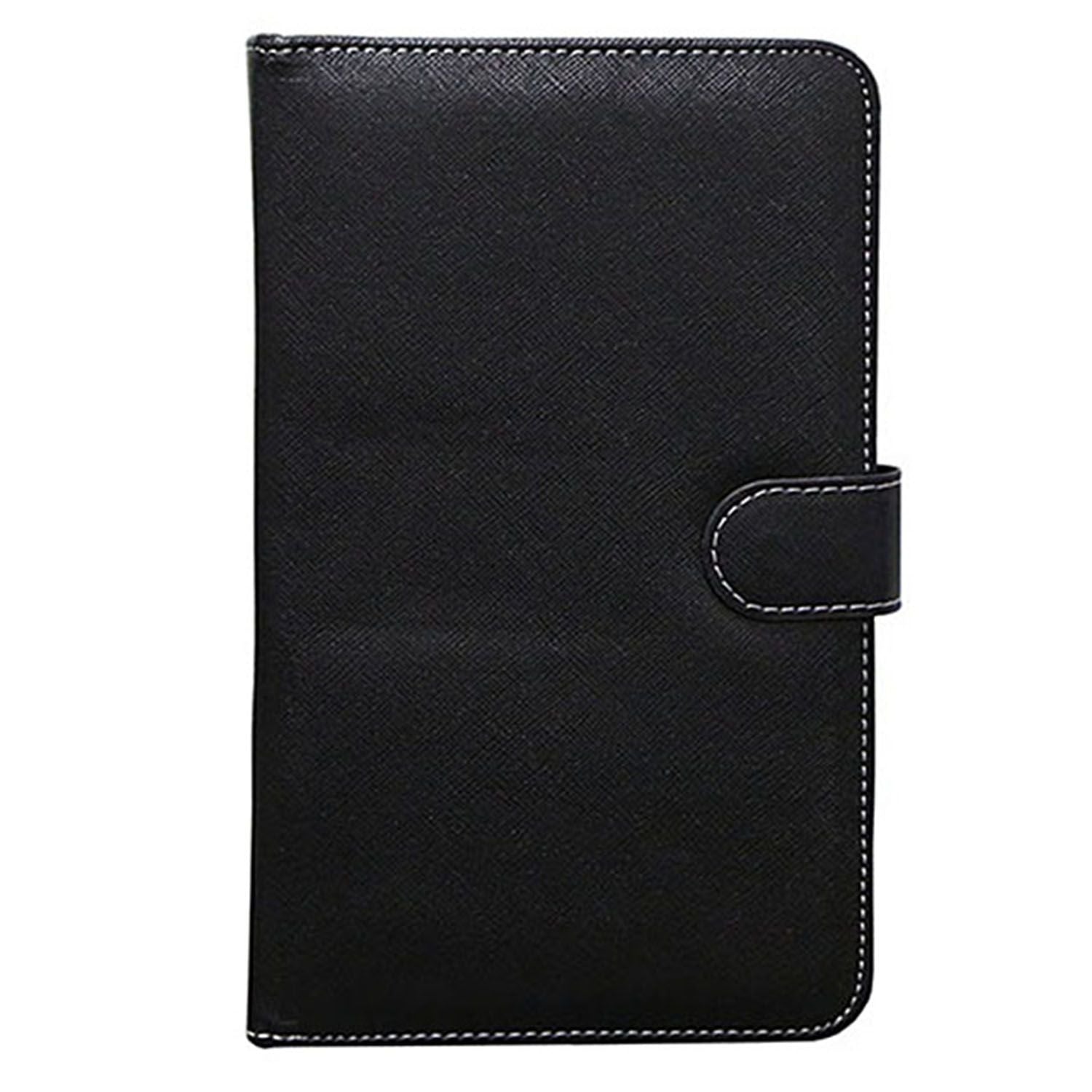 Sleek black leather-bound notebook with white stitching and a secure button closure, perfect for professionals and students.