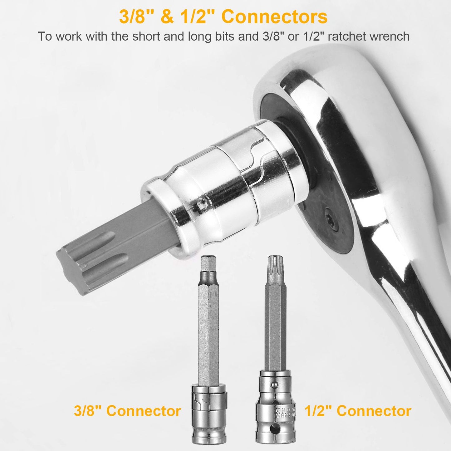 8-piece ratchet wrench connector set featuring 3/8-inch and 1/2-inch connectors with short and long bits, ideal for various fastening tasks.