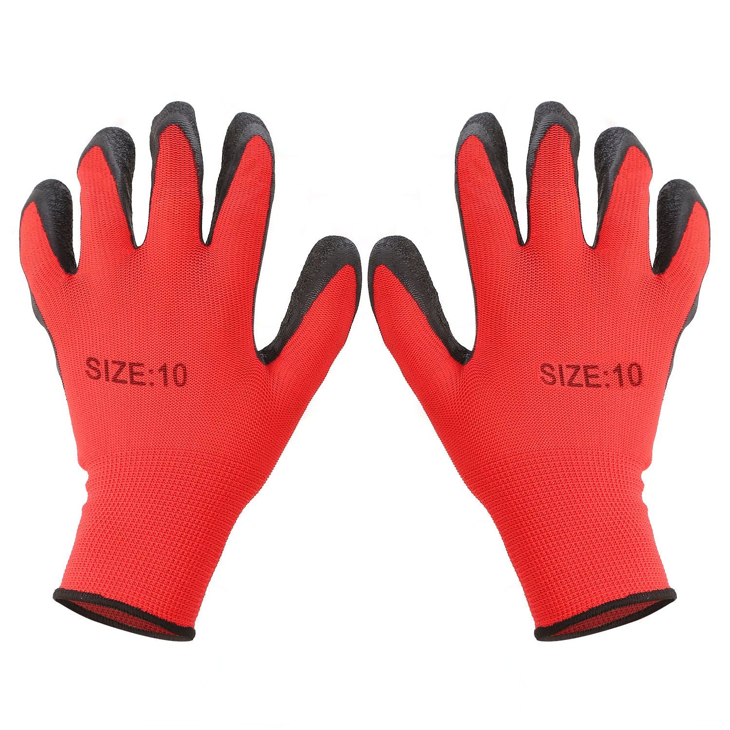 Red work gloves with black fingertips and printed size 10, ideal for gardening and safety tasks.