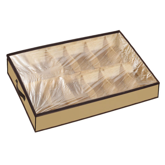 Transparent shoe storage organizer with multiple compartments, featuring a zippered cover and sturdy handles for easy transport.