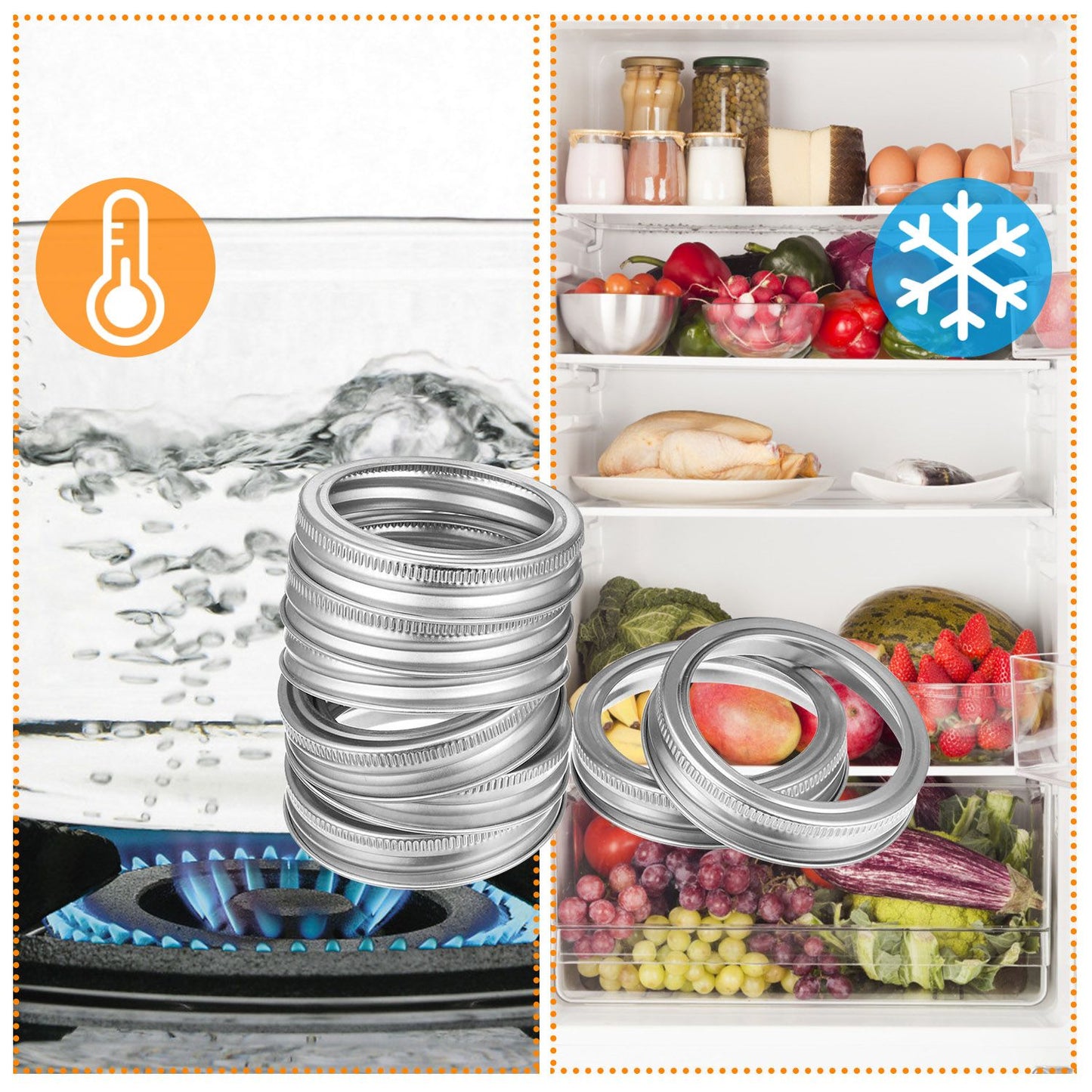 Collapsible stainless steel canning jar lids on a kitchen counter alongside fresh fruits, vegetables, and other food items organized in a refrigerator, emphasizing food preservation and storage solutions.