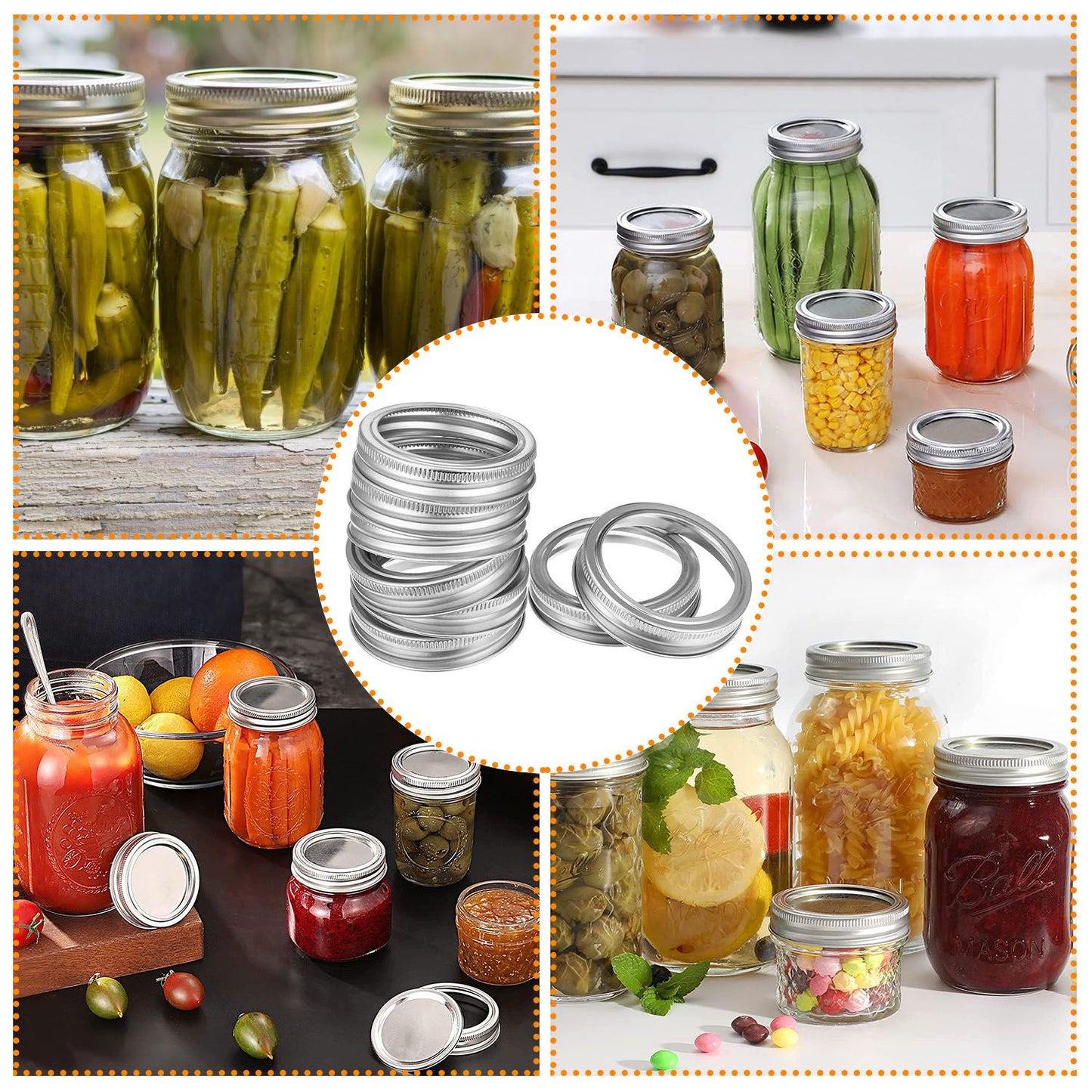 Assorted mason jars filled with pickles, vegetables, and sauces, alongside a stack of shiny metal jar lids, showcasing a variety of home canning and storage options.