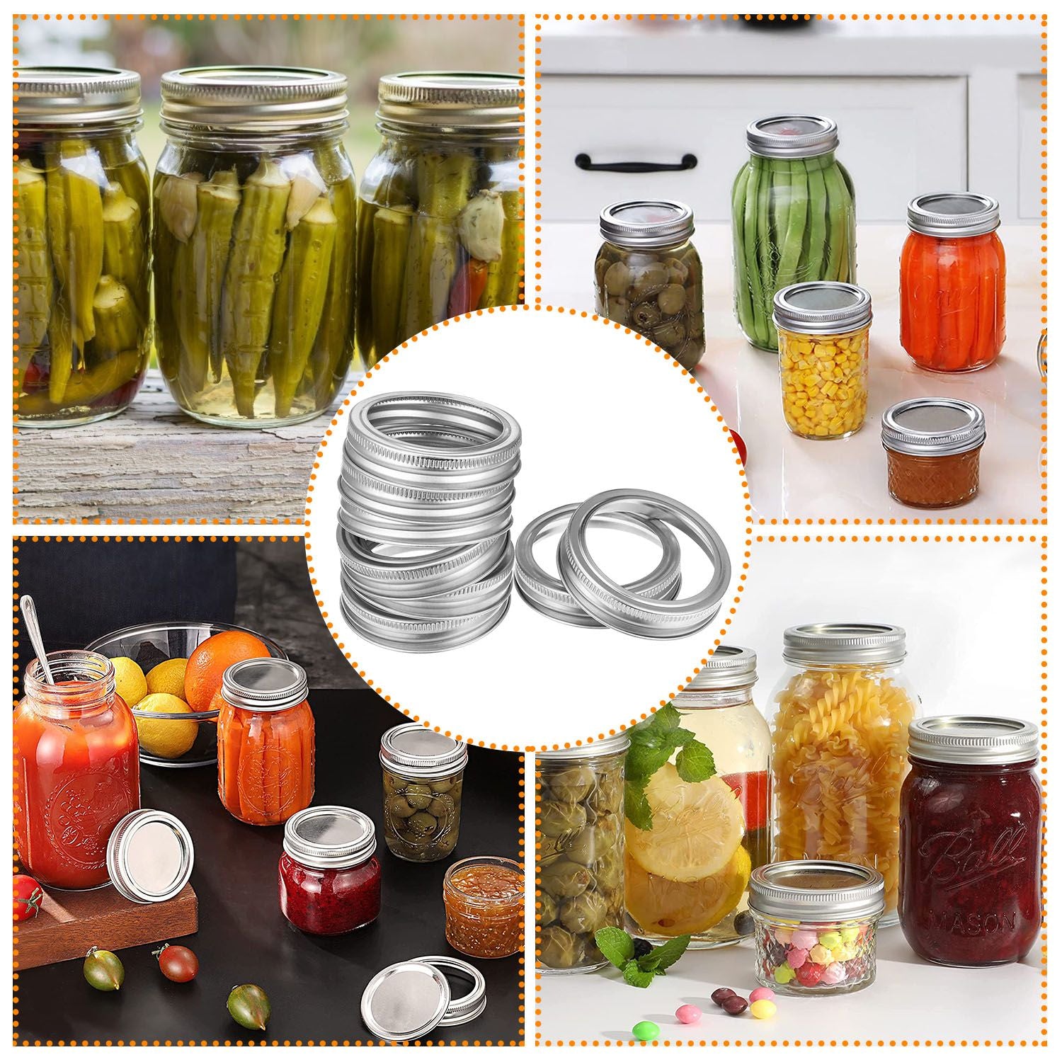 Assorted mason jars filled with pickles, vegetables, and sauces, alongside a stack of shiny metal jar lids, showcasing a variety of home canning and storage options.