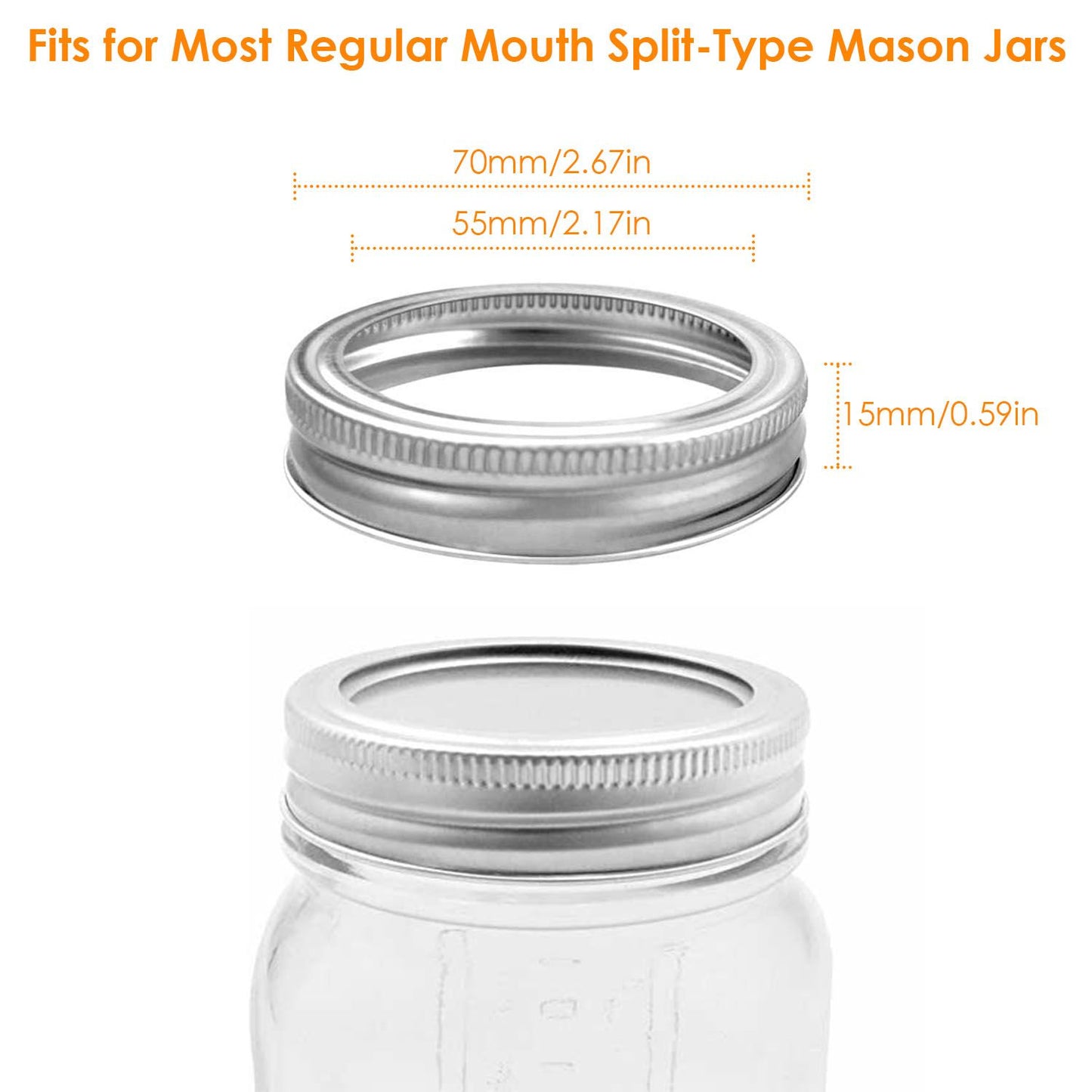 Mason jar lid specifications showing dimensions for 70mm and 55mm split-type jars, ideal for regular mouth mason jars