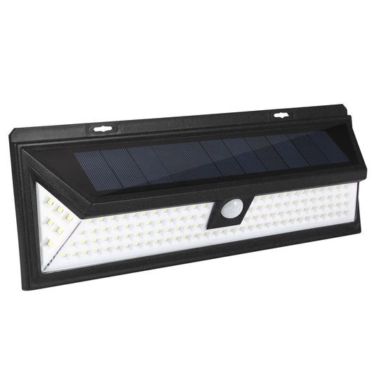 Solar-powered outdoor LED motion sensor light with a sleek black design and wide light coverage.