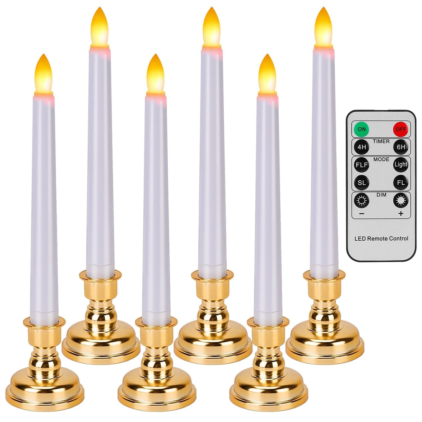 Set of six LED flameless candles in gold holders with a remote control for easy operation, perfect for elegant home decor and events.