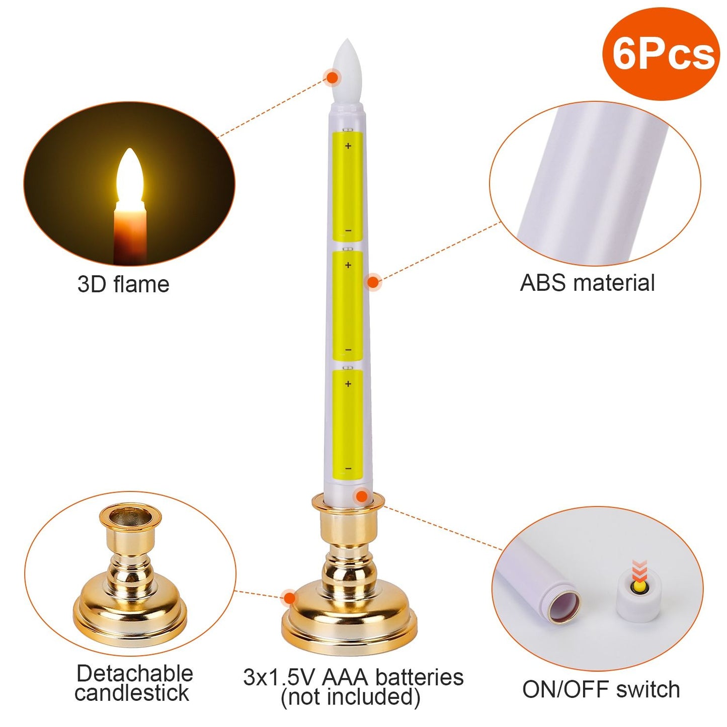 LED candle with a 3D flame effect, ABS material, detachable candlestick, and an ON/OFF switch, ideal for creating a cozy atmosphere, pack of 6.