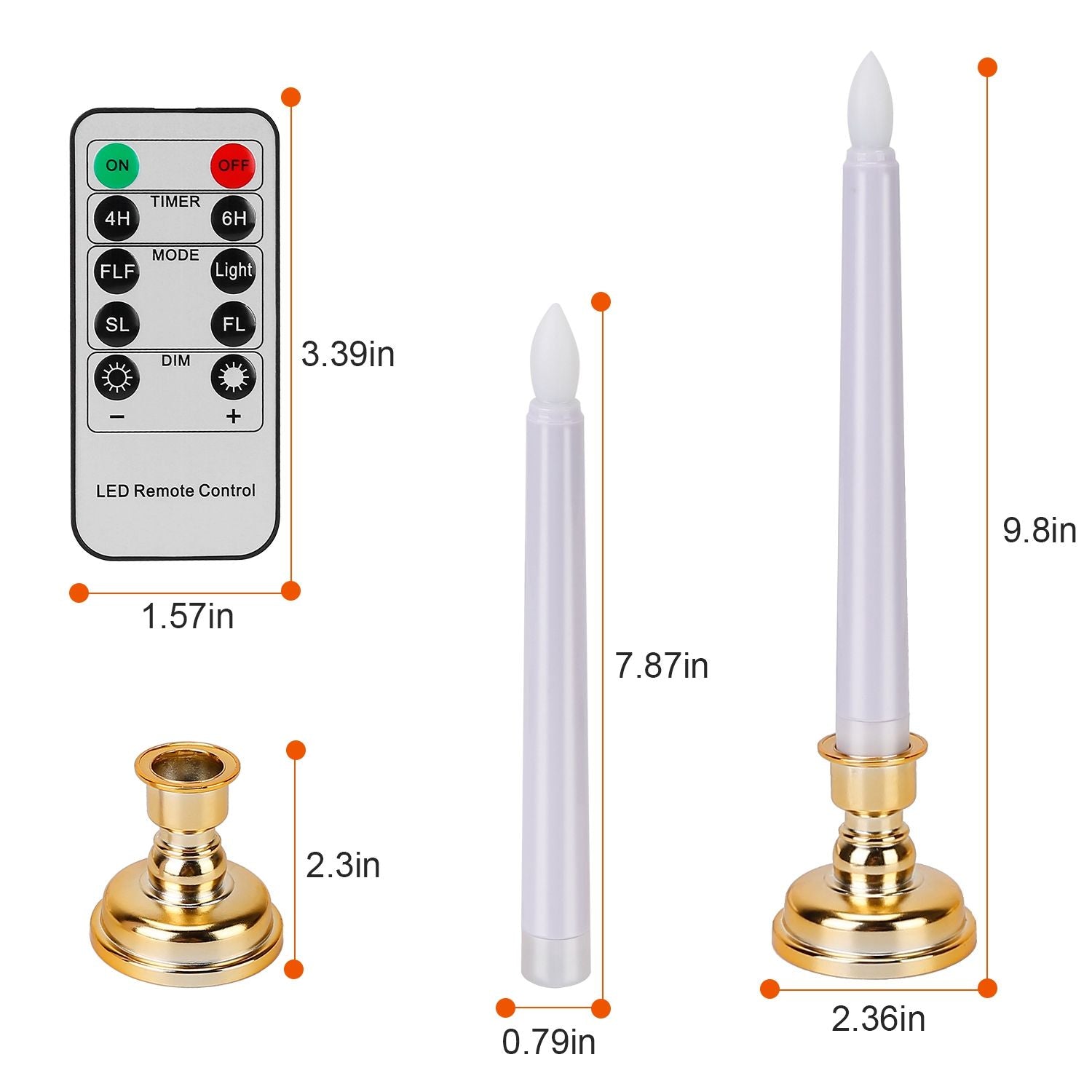 LED candle set featuring a remote control, decorative gold candle holder, and elegant white taper candle with dimensions labeled for easy reference.