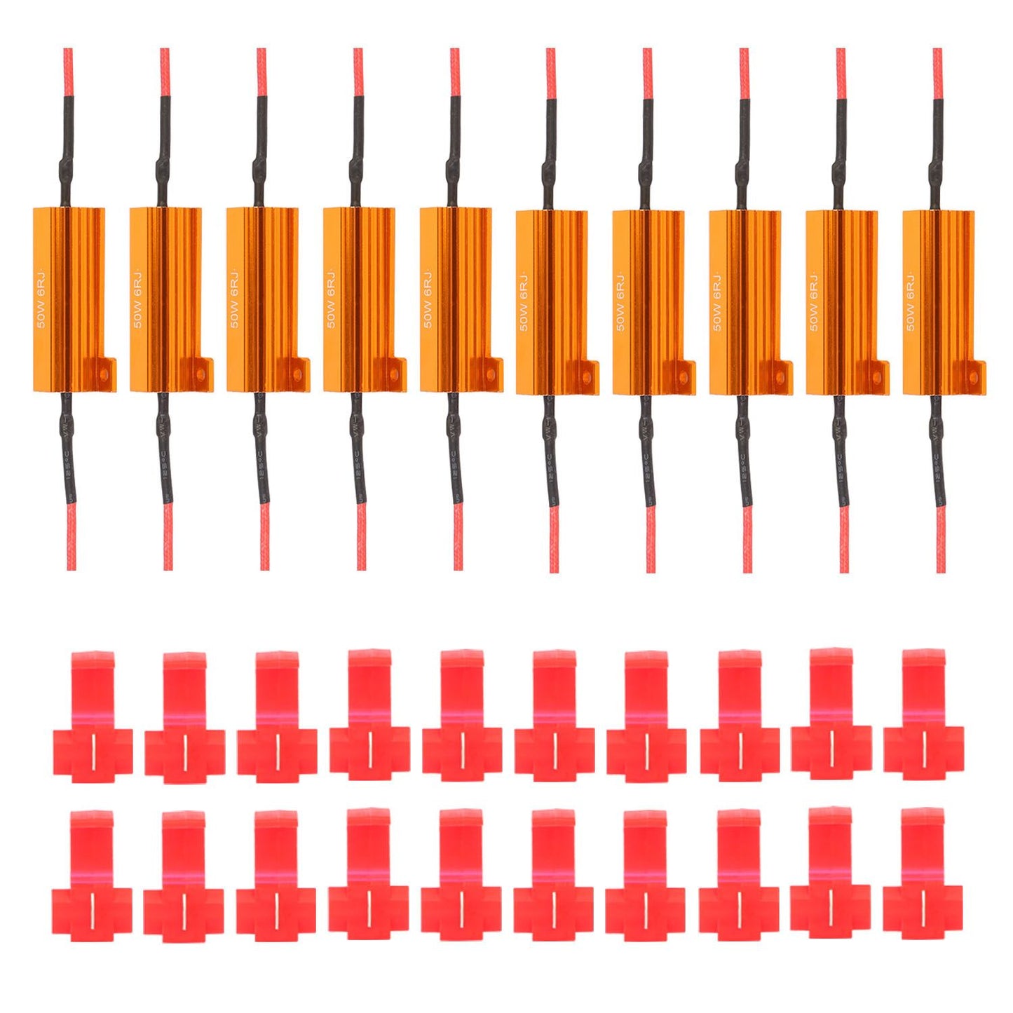 Set of 10 high-performance orange heat sink resistors with red connectors for improved electronic circuit cooling and reliability.