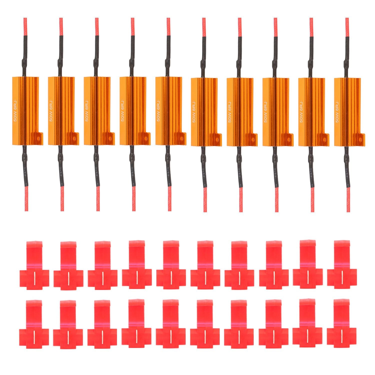 Set of 10 high-performance orange heat sink resistors with red connectors for improved electronic circuit cooling and reliability.
