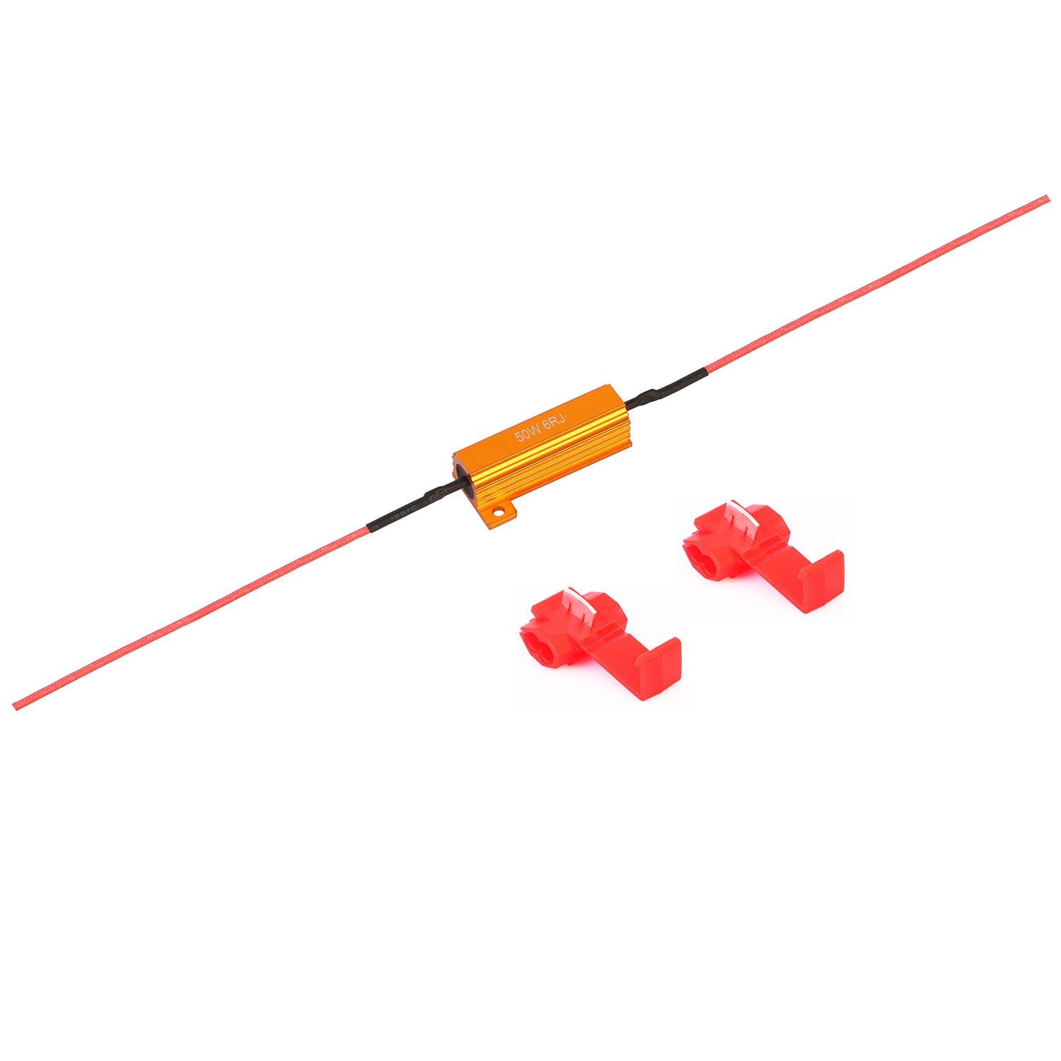 Red wire caps and a 50V GRJ resistor with orange housing for electrical connections, ideal for enhancing circuit performance and ensuring safety.