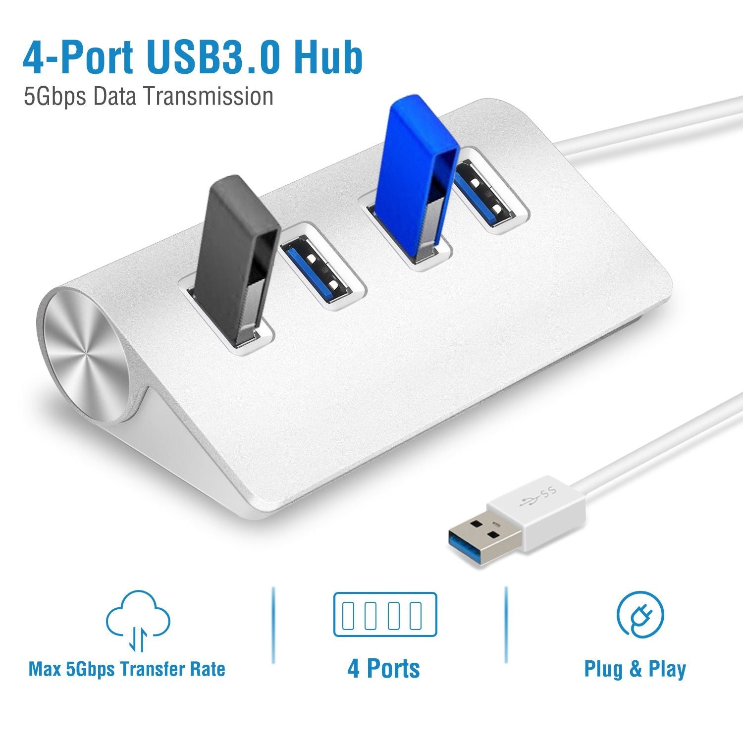 4-Port USB 3.0 hub with multiple USB drives plugged in, showcasing high-speed data transmission capability of 5Gbps and plug-and-play functionality.
