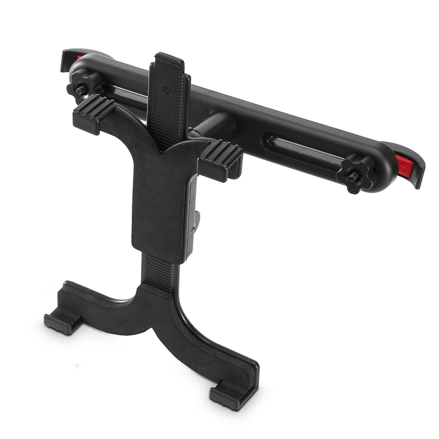 Adjustable black tablet stand with grip-adjustable arms and secure locking mechanism, ideal for home or office use.