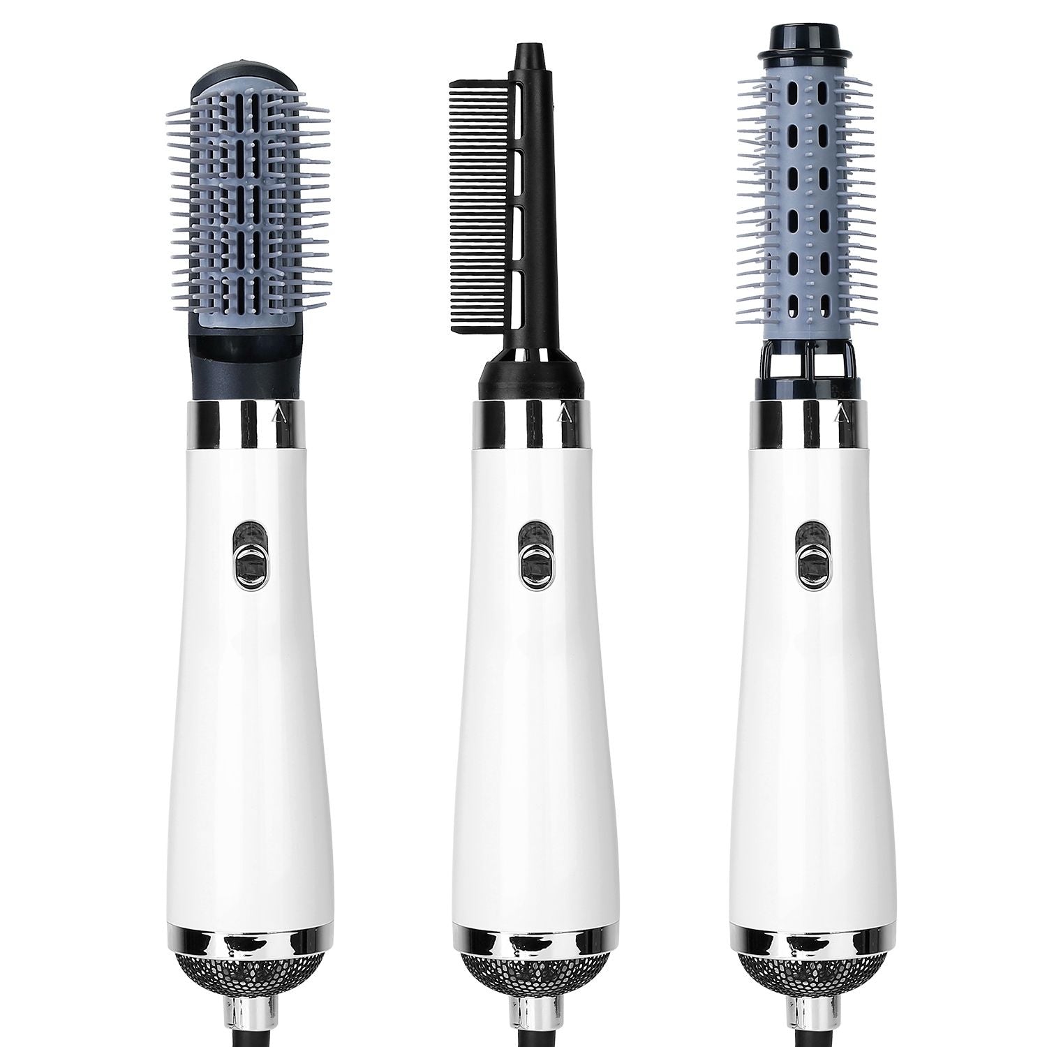 Three interchangeable styling attachments for a multifunctional hair dryer: a round brush, a comb, and a vented brush, all attached to a sleek white handle with stainless steel accents.