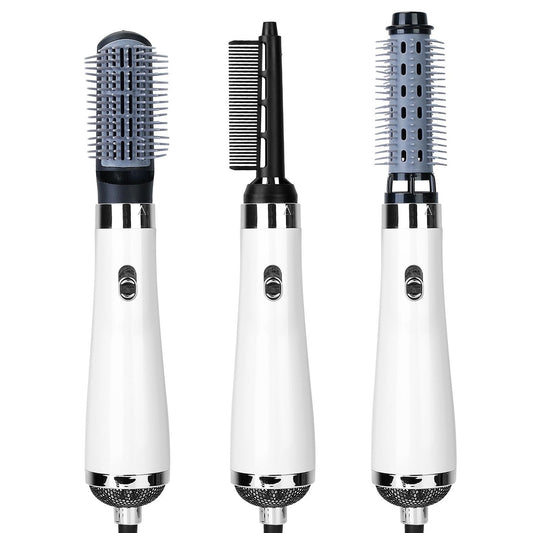 Three interchangeable styling attachments for a multifunctional hair dryer: a round brush, a comb, and a vented brush, all attached to a sleek white handle with stainless steel accents.