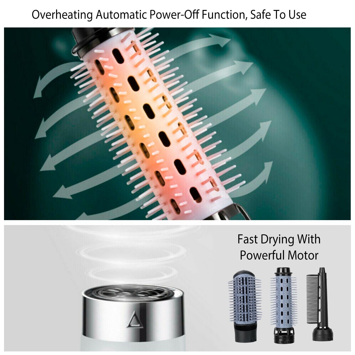Automatic power-off hair dryer brush with fast drying feature and interchangeable brush heads, designed for safe and efficient styling.