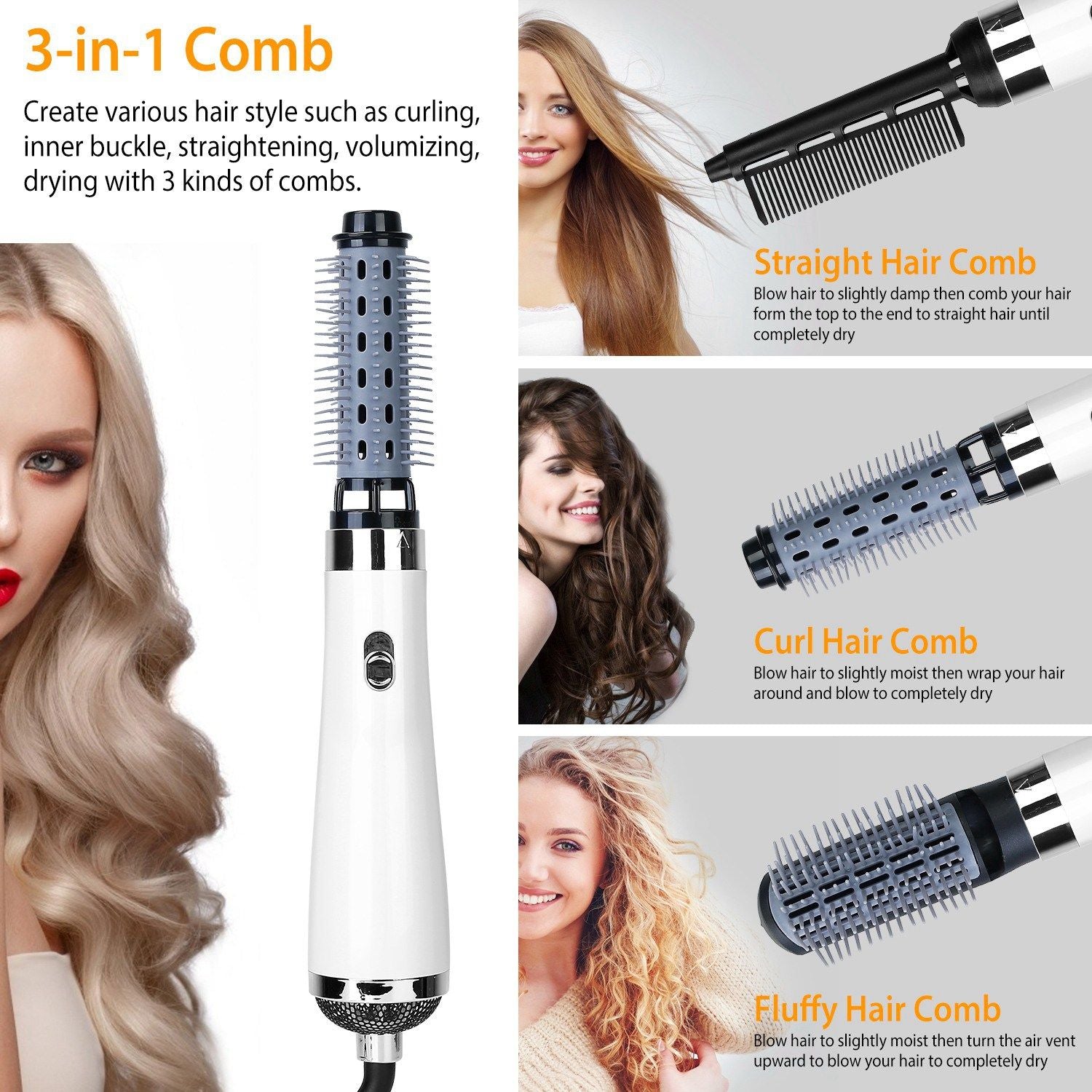 3-in-1 hair styling comb, featuring straight, curl, and fluffy combs for versatile hairstyles; perfect for drying, curling, straightening, and volumizing hair.