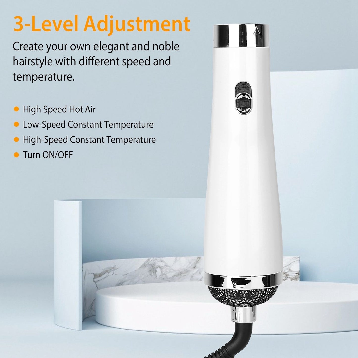 White hair dryer with three-speed settings and temperature adjustments, displayed against a light blue background.