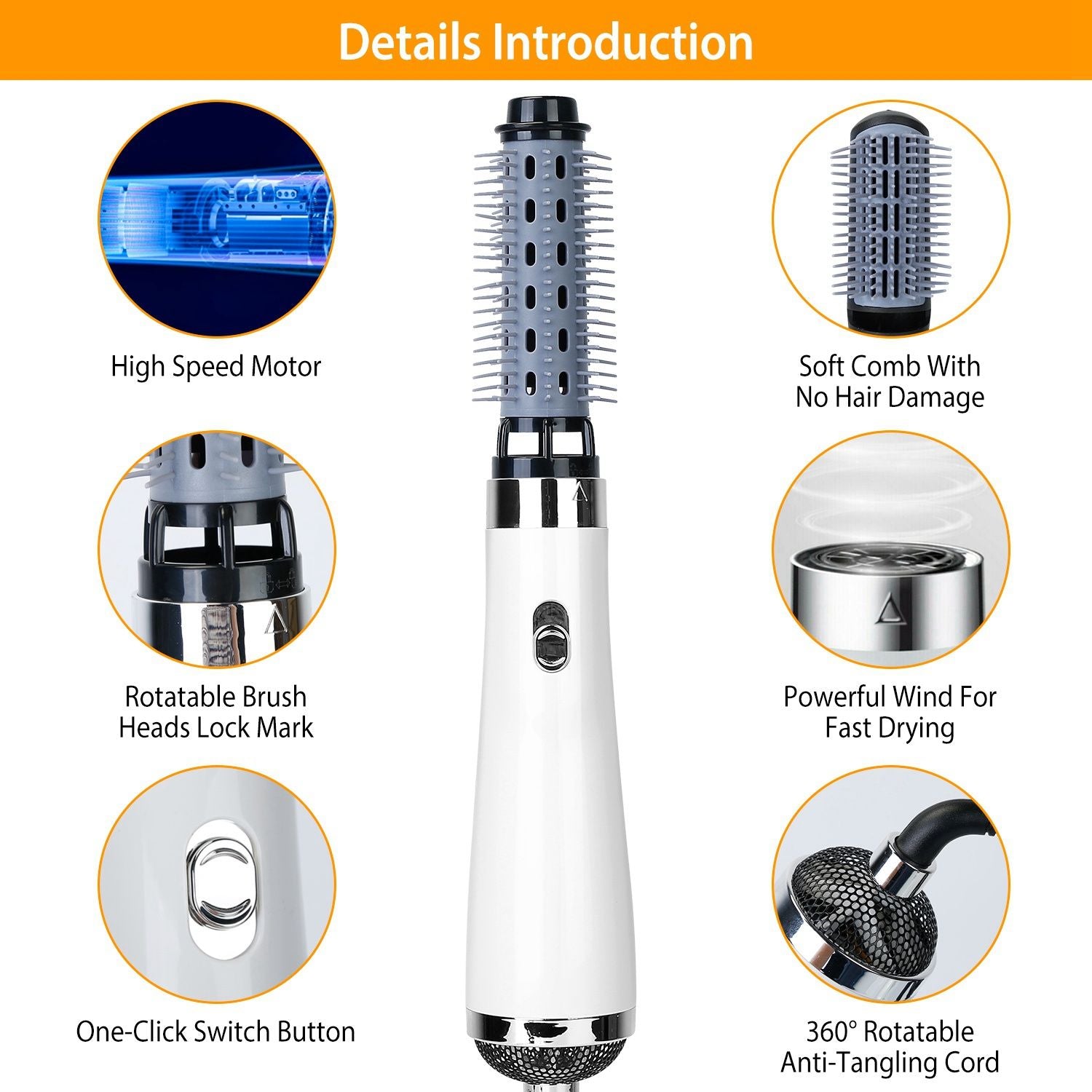 White hair dryer and styler with rotatable brush head, featuring a high-speed motor, soft comb for gentle styling, and a 360° anti-tangling cord.