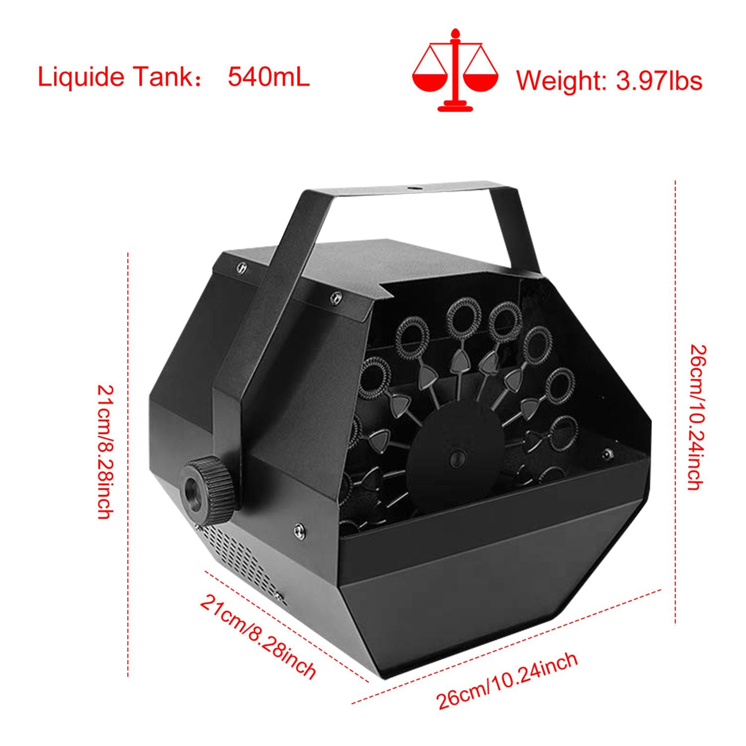 Black fog machine with 540mL capacity and a weight of 3.97lbs, featuring a fan and handle for easy transport, ideal for events and parties.