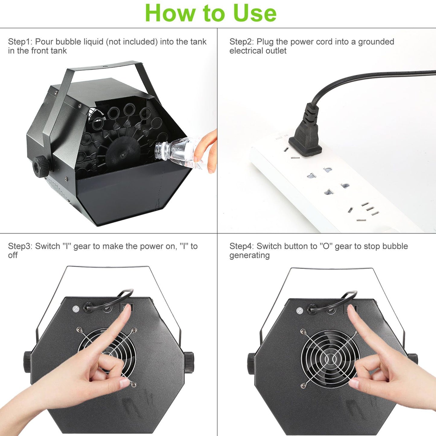 Instructions for using a bubble machine, featuring steps for pouring bubble liquid, plugging in the power cord, and operating the device, displayed in four clear images with step-by-step guidance.