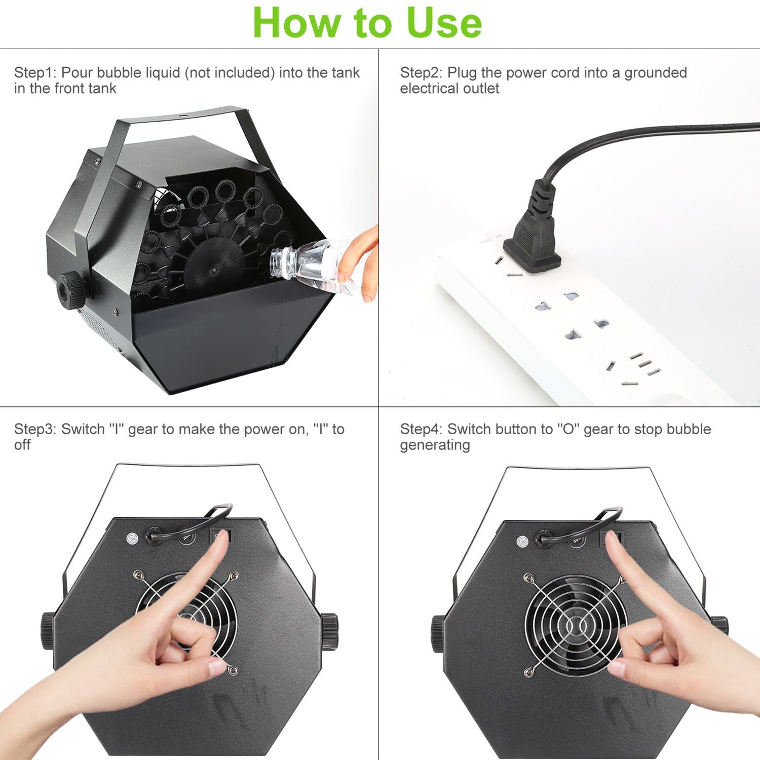 Instructions for using a bubble machine, featuring steps for pouring bubble liquid, plugging in the power cord, and operating the device, displayed in four clear images with step-by-step guidance.