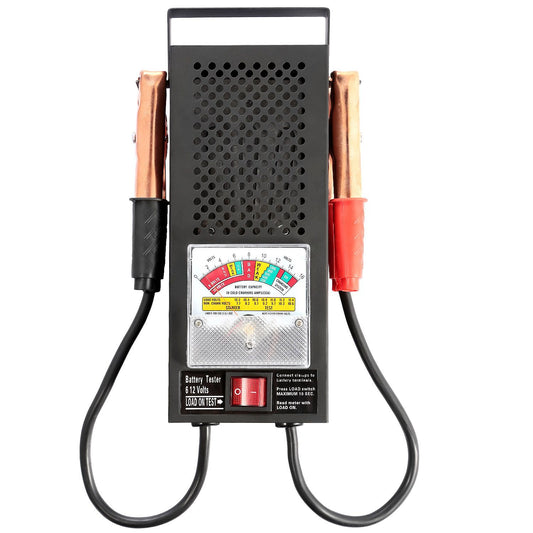 Battery tester with color-coded gauge, copper clamps, and cables for measuring 6 and 12-volt battery capacity.