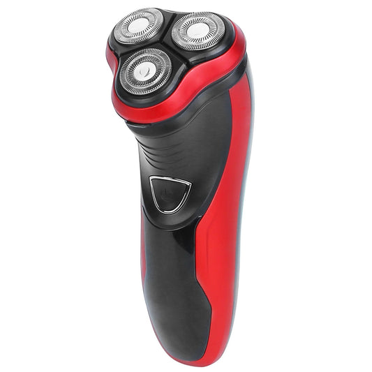 Electric rotary shaver with a sleek black and red design, featuring three circular shaving heads and an ergonomic grip for comfortable use.