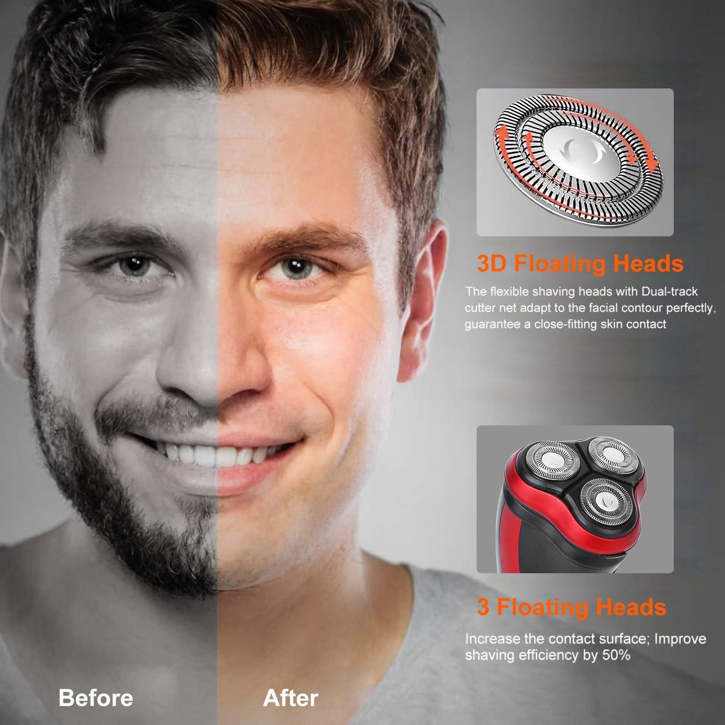 Image showing the before and after results of using a men's electric shaver with 3D floating heads, highlighting a close shave and improved skin contact for a smoother finish.