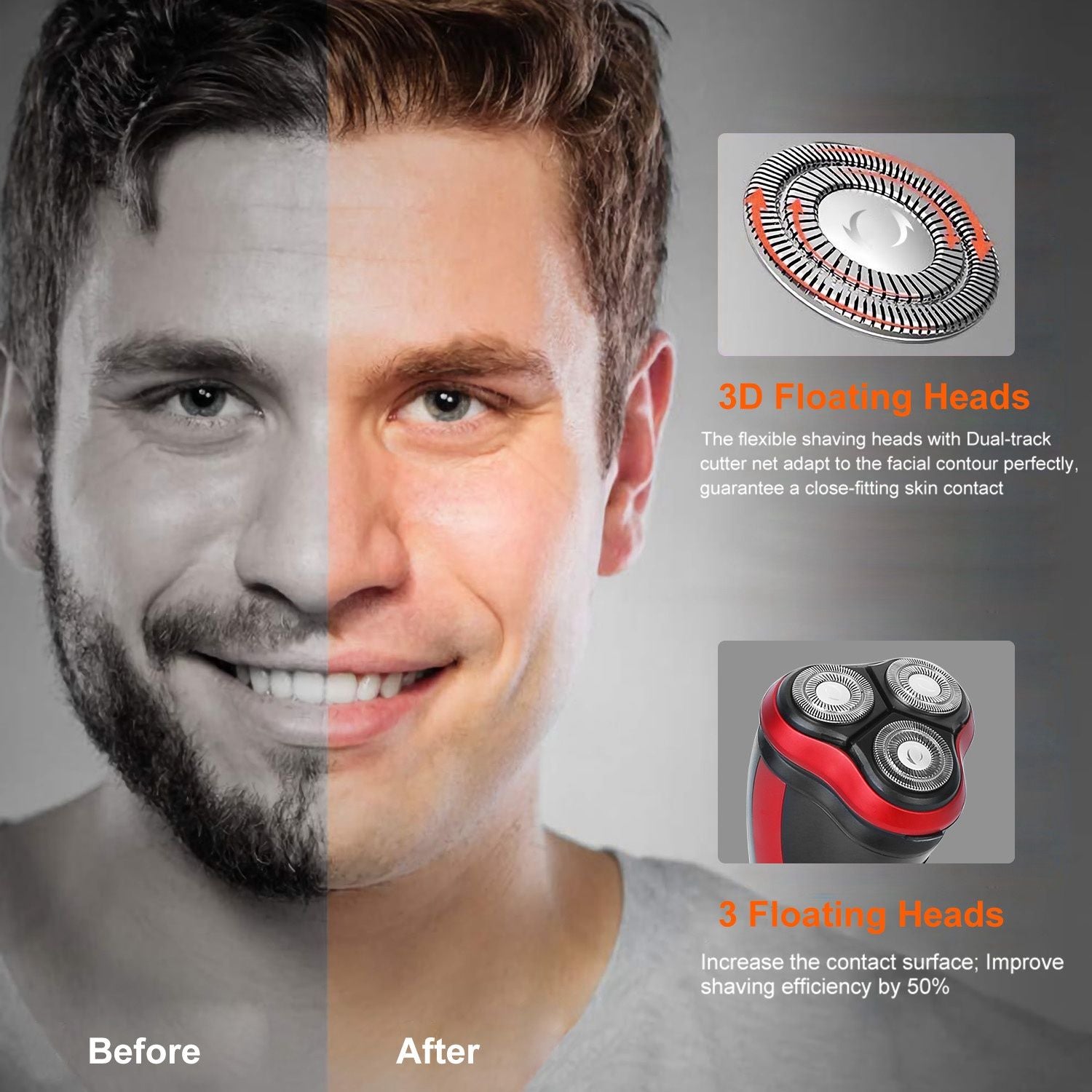 Image showing the before and after results of using a men's electric shaver with 3D floating heads, highlighting a close shave and improved skin contact for a smoother finish.