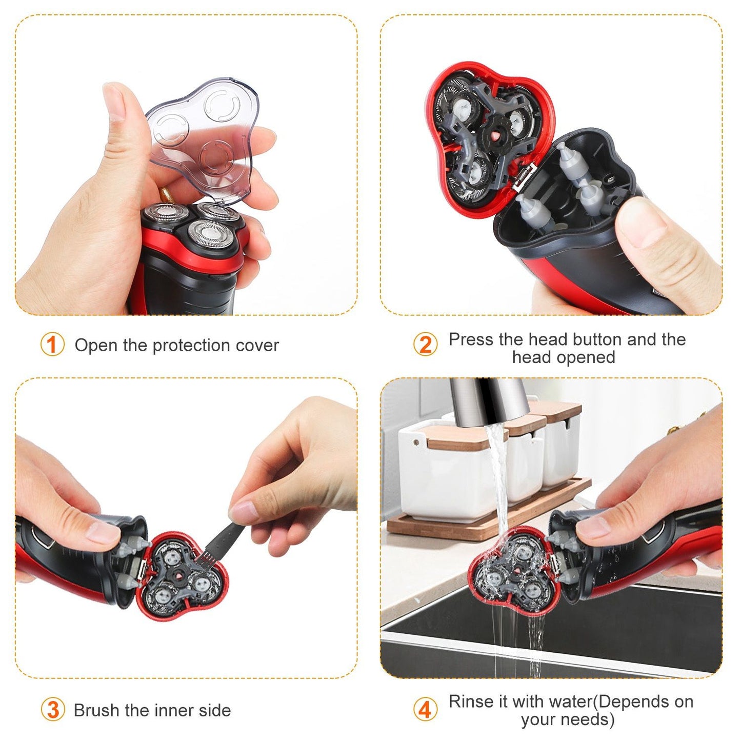 Step-by-step guide for cleaning a men's electric shaver, showing hand-drawn instructions for opening the head, brushing, and rinsing under water.