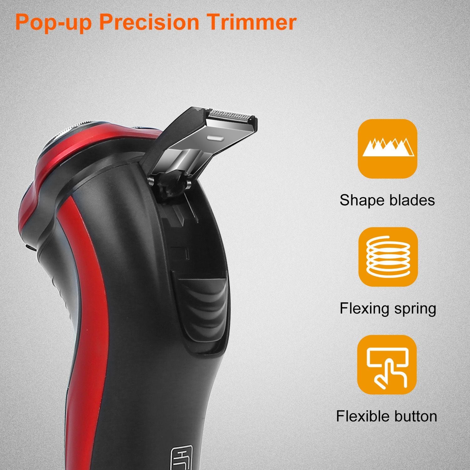 Close-up of a pop-up precision trimmer with shaped blades, highlighting its flexible spring mechanism and ergonomic design, featuring a prominent flexible button for ease of use.