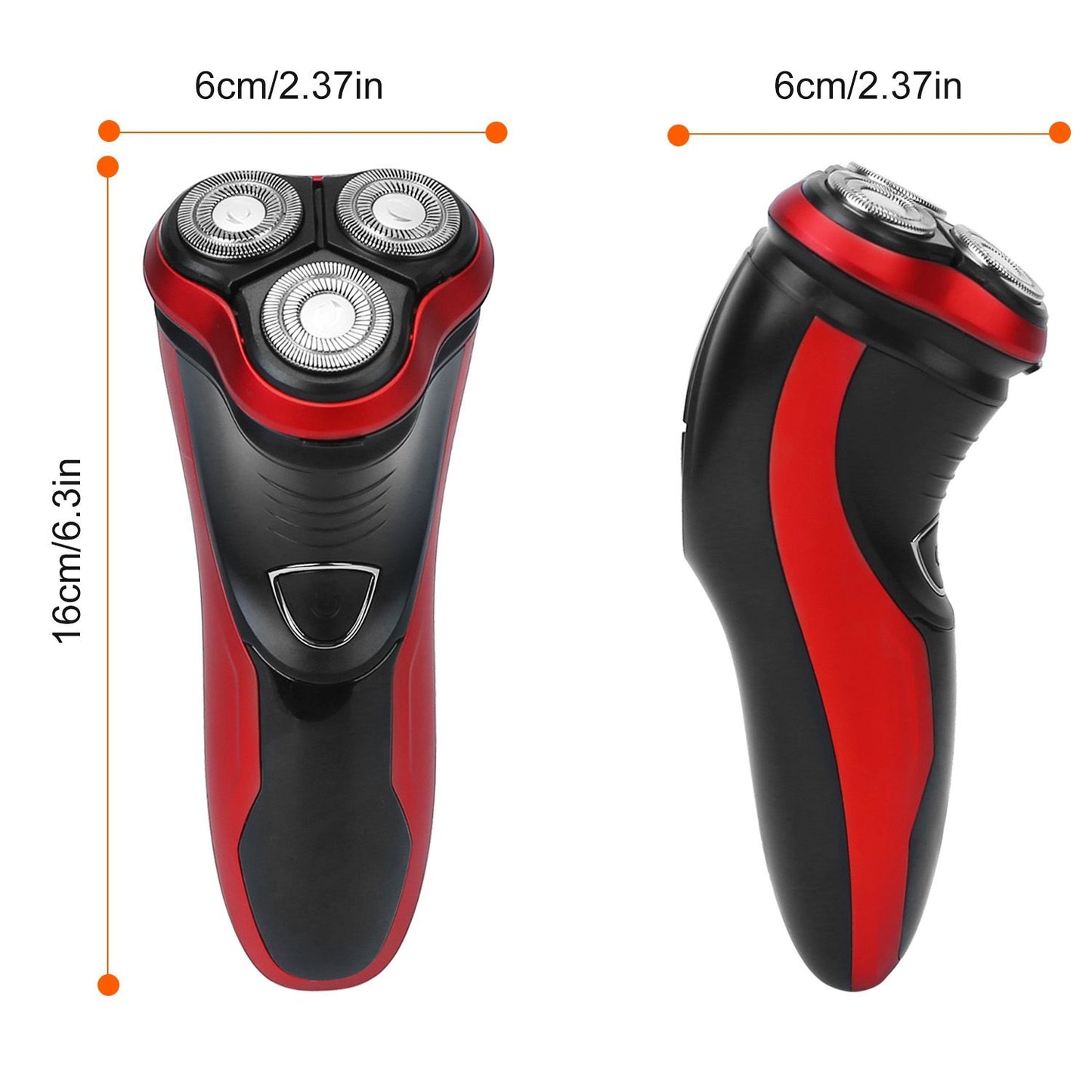 Electric rotary shaver in black and red, featuring three precision blades and ergonomic design, dimensions 6cm x 16cm.