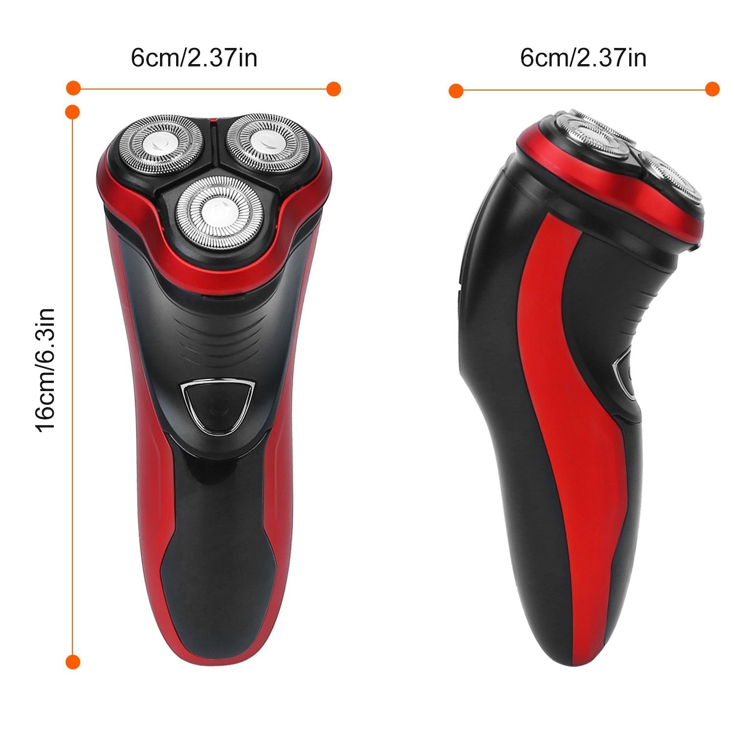 Electric rotary shaver in black and red, featuring three precision blades and ergonomic design, dimensions 6cm x 16cm.