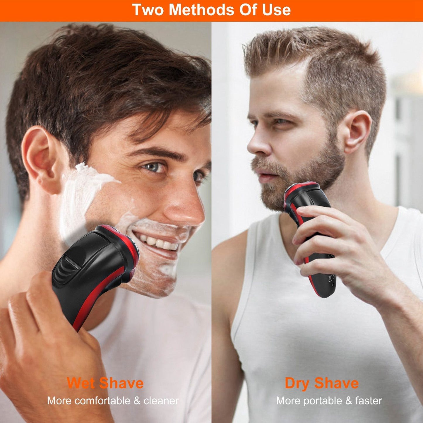 Adult males using an electric shaver with two methods demonstrated: wet shave on the left - described as more comfortable and cleaner, and dry shave on the right - noted as more portable and faster.