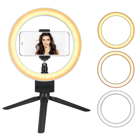 Ring light with adjustable brightness and color temperature, featuring a smartphone holder, mounted on a sturdy tripod, accompanied by additional light ring options. Perfect for selfies, live streaming, and professional photography.