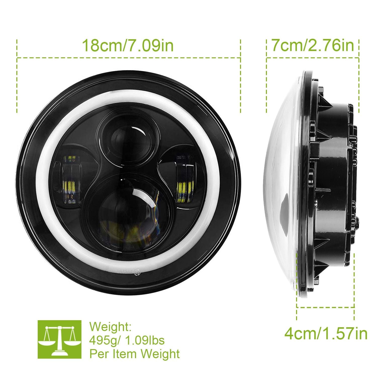 LED motorcycle headlight with diameter of 18cm/7.09in, featuring a sleek black design and bright illumination, showcasing dimensions and weight information.